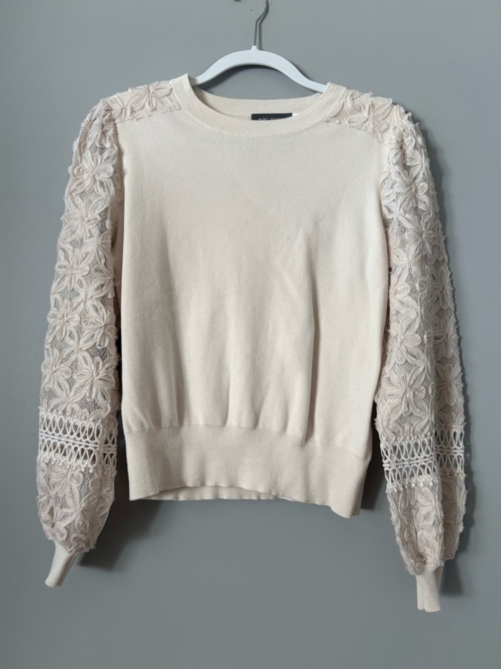 Lace-Sleeve Crewneck Sweater - Cream